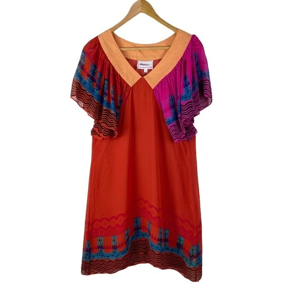 Anthropologie SILK Anupamaa Eastern Sunset Dress Women’s Size S Red Orange - Picture 3 of 12